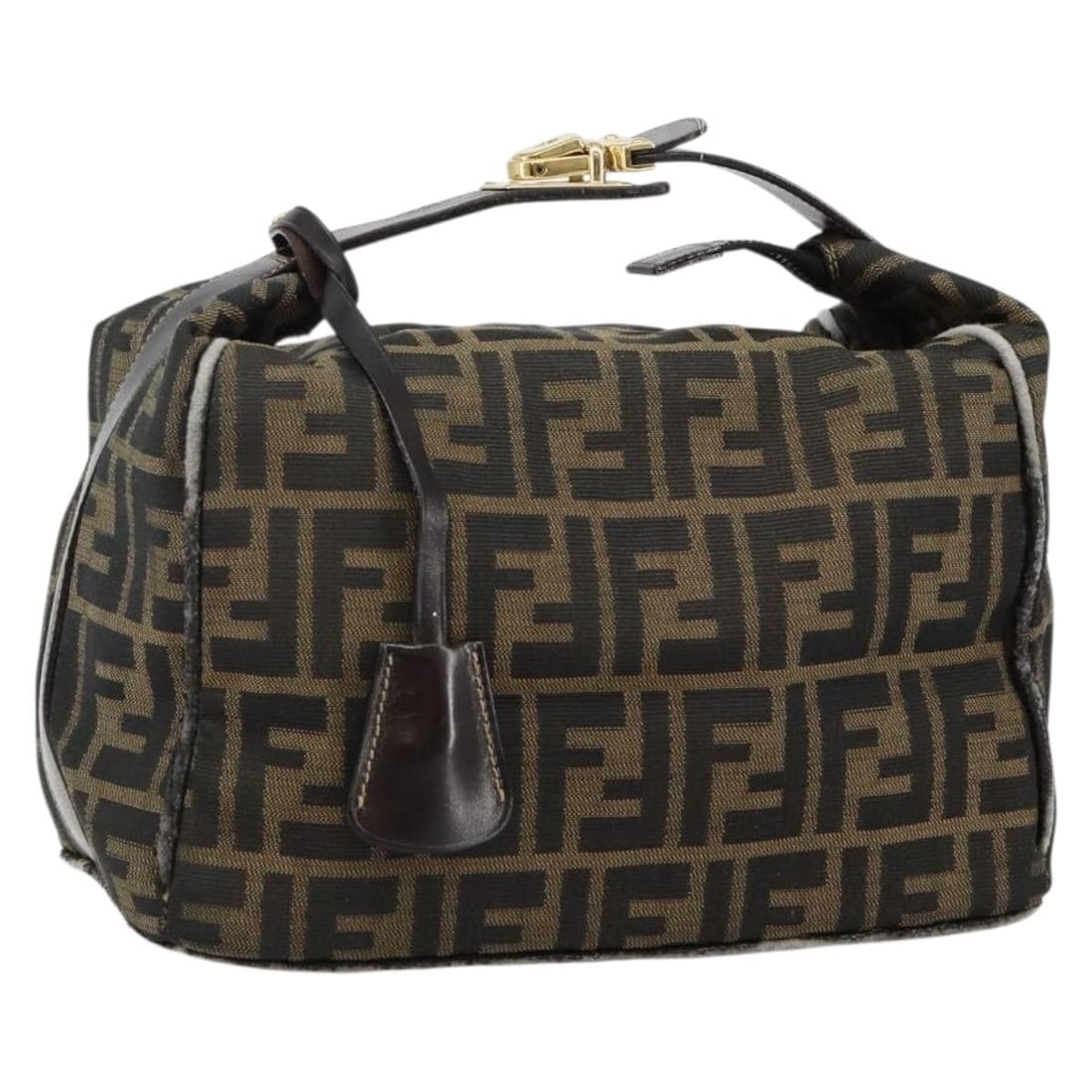 FENDI Zucca Canvas Hand Bag Black Brown Made in Italy: FENDI Zucca Canvas Hand Bag Black Brown Made in Italy This authentic FENDI Zucca Canvas Vanity Bag showcases a stylish blend of black and brown hues, crafted from premium Zucca canvas. With dimensions