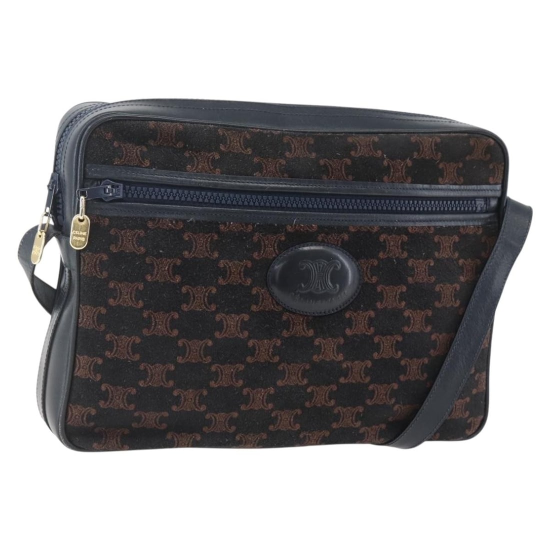 CELINE C Macadam Suede Shoulder Bag Navy Gold Authentic: CELINE C Macadam Suede Shoulder Bag Navy Gold Authentic This CELINE C Macadam Canvas Shoulder Bag combines elegance and practicality, featuring a stylish navy suede exterior complemented by gold accen