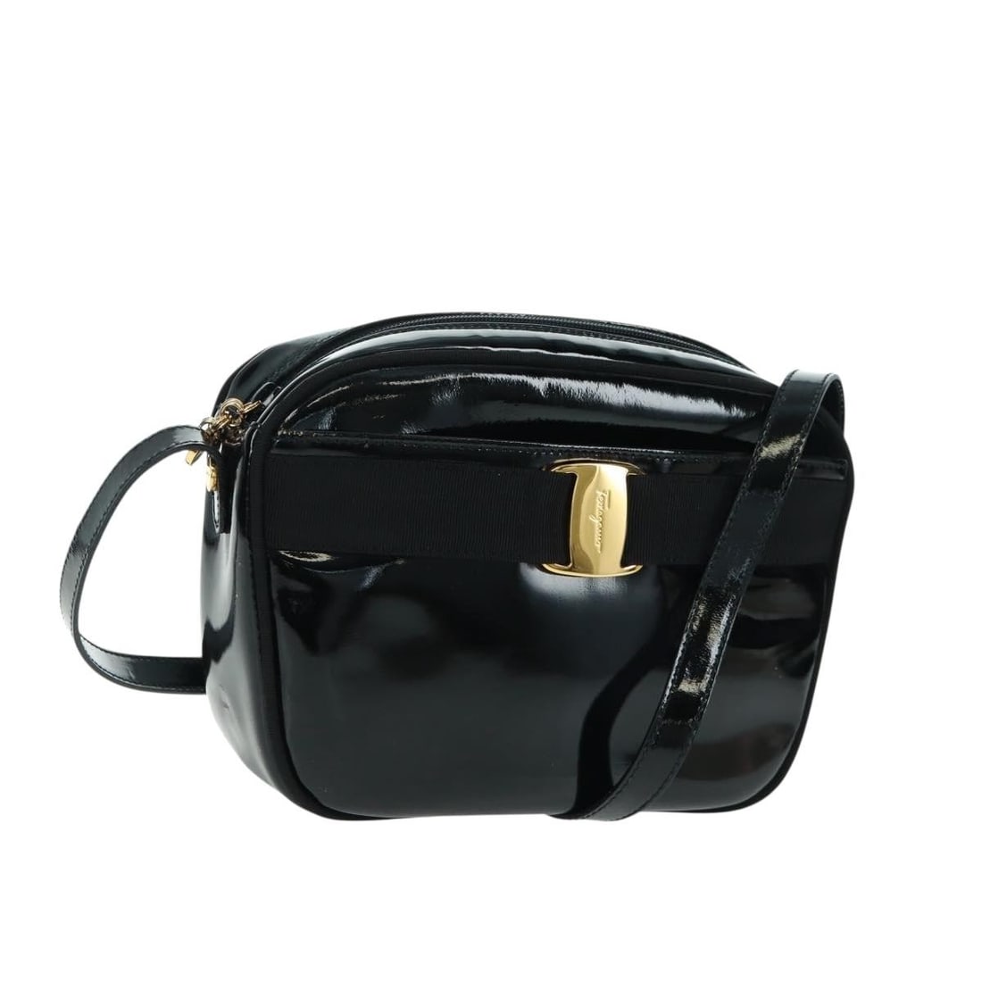 Salvatore Ferragamo Black Patent Leather Shoulder Bag Gold Accents Italy (1 of 18)