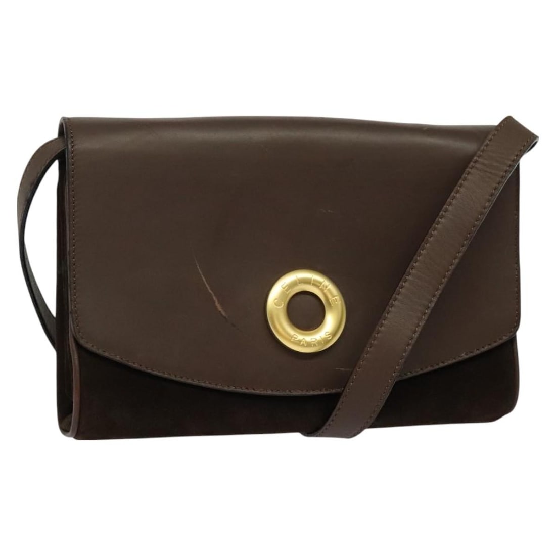 CELINE Brown Suede Shoulder Bag with Gold Accents Auth 131166: CELINE Brown Suede Shoulder Bag with Gold Accents Auth 131166 This authentic CELINE shoulder bag combines luxurious suede in a rich brown and gold color palette. Crafted in Italy, this stylish bag fea