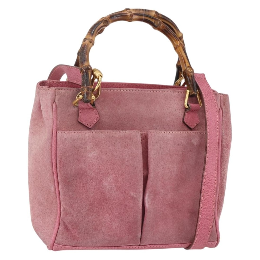 GUCCI Bamboo Suede Hand Bag Pink Gold 000 123 0316 Auth: GUCCI Bamboo Suede Hand Bag Pink Gold 000 123 0316 Auth This authentic GUCCI Bamboo Hand Bag showcases a stylish blend of suede in a striking pink and gold color combination. Crafted in Italy, this ba