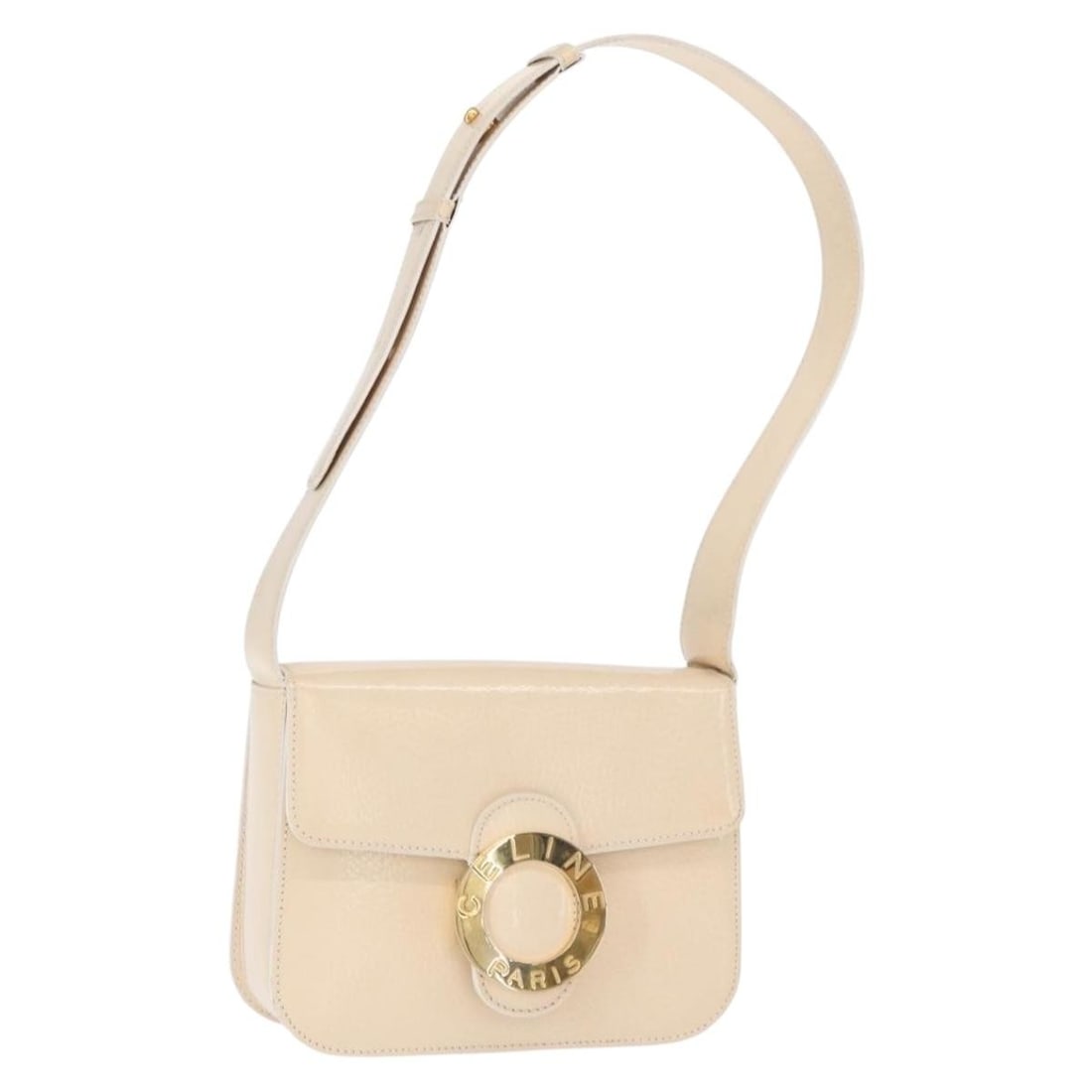 Celine Ivory and Gold Enamel Circle Shoulder Bag Made in Italy: Celine Ivory and Gold Enamel Circle Shoulder Bag Made in Italy This CELINE Circle Shoulder Bag features an enamel exterior in ivory and gold tones. The bag is made in Italy and includes a shoulder str