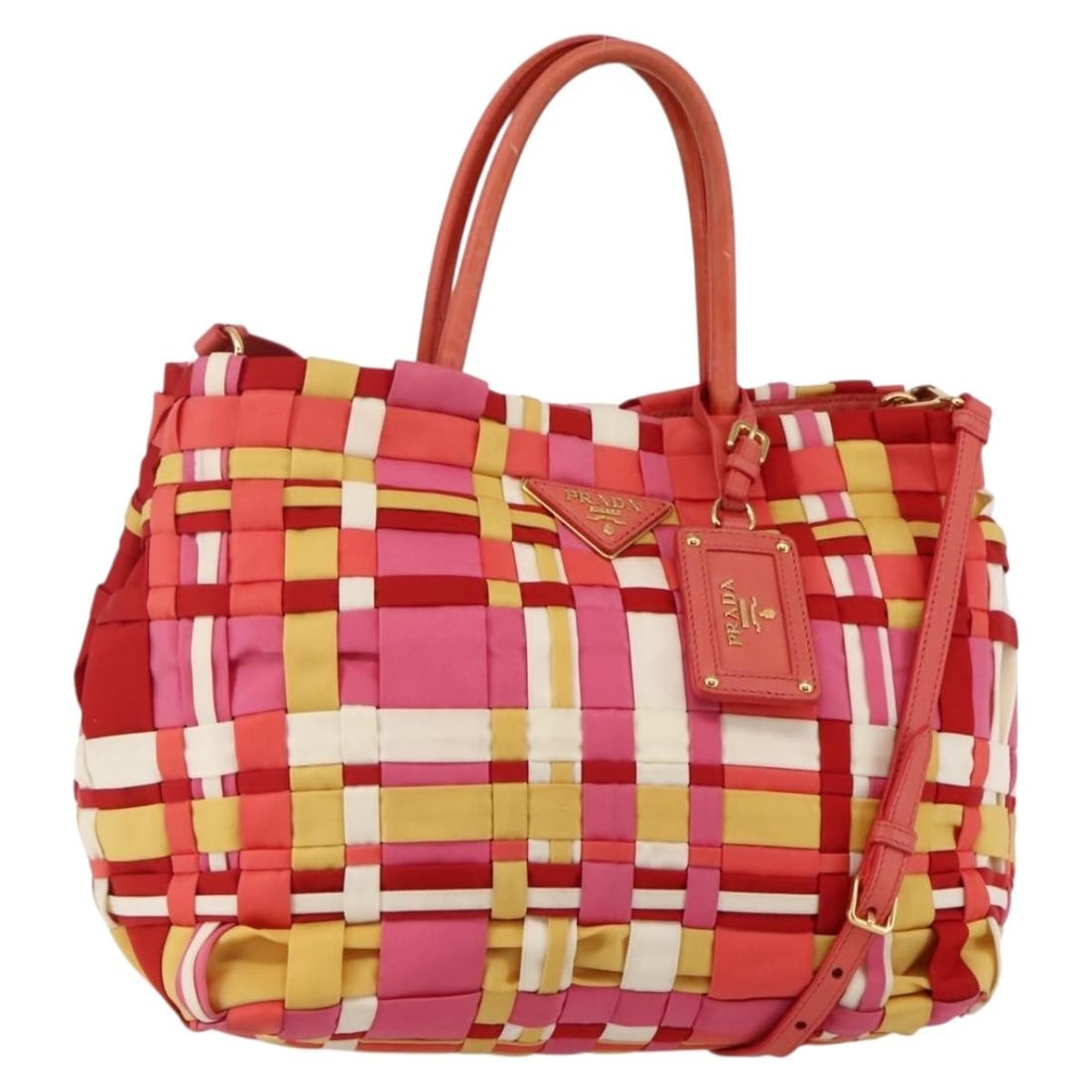 PRADA Multicolor Gold Nylon Hand Bag with Shoulder Strap Authentic: PRADA Multicolor Gold Nylon Hand Bag with Shoulder Strap Authentic This authentic PRADA hand bag is crafted from durable nylon in a striking multicolor and gold design. Measuring approximately 10.6 in