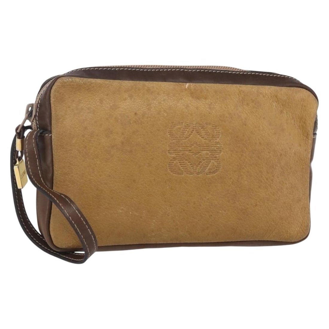 LOEWE Brown Gold Leather Anagram Clutch Bag Authenticated: LOEWE Brown Gold Leather Anagram Clutch Bag Authenticated This LOEWE Anagram Clutch Bag features a stylish design crafted from high-quality leather in a rich brown and gold color combination. Measurin
