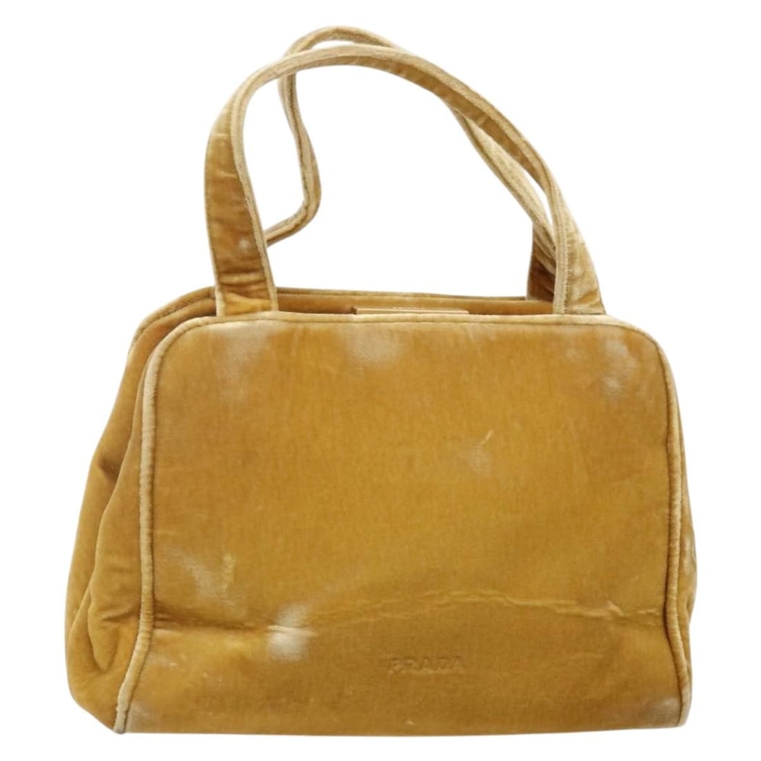 Authentic PRADA Velor Hand Bag Yellow Gold Made in Italy: Authentic PRADA Velor Hand Bag Yellow Gold Made in Italy This authentic PRADA hand bag showcases a luxurious velor exterior in a striking yellow and gold color combination. Measuring approximately 7.1