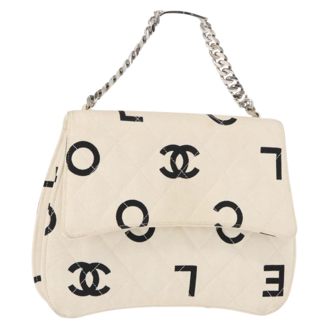 Chanel Canvas White Silver Chain Handbag with CC Logo: Chanel Canvas White Silver Chain Handbag with CC Logo This CHANEL chain hand bag features a white and silver canvas exterior, accented by silver-tone hardware. The bag offers a compact design with a h