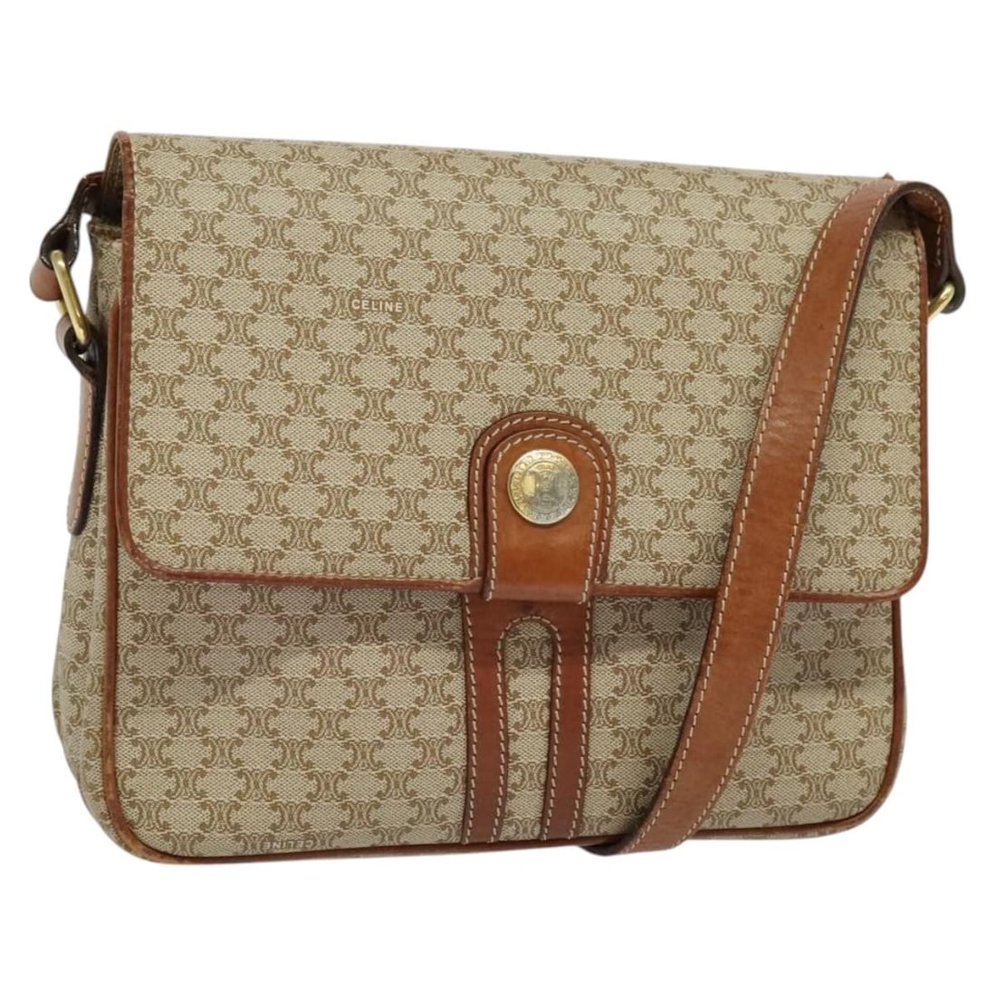 CELINE Beige Gold PVC Macadam Canvas Shoulder Bag Auth Italy: CELINE Beige Gold PVC Macadam Canvas Shoulder Bag Auth Italy This Celine Macadam Canvas Shoulder Bag is a stylish accessory crafted in Italy, featuring a sophisticated beige and gold color palette. Th