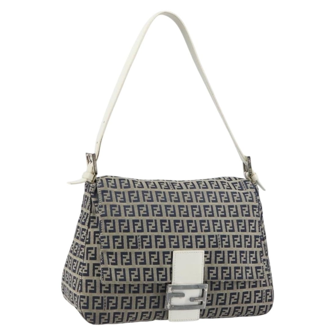 FENDI Navy Silver Zucchino Canvas Mamma Baguette Shoulder Bag Auth 157684: FENDI Navy Silver Zucchino Canvas Mamma Baguette Shoulder Bag Auth 157684 Elevate your style with the FENDI Zucchino Canvas Mamma Baguette Shoulder Bag. This iconic bag, crafted in Italy, showcases a