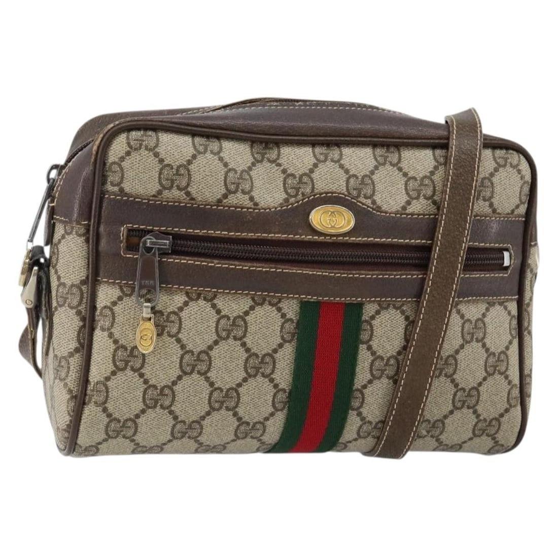 GUCCI GG Supreme Web Sherry Line Shoulder Bag Beige Gold PVC Italy Auth 143580: GUCCI GG Supreme Web Sherry Line Shoulder Bag Beige Gold PVC Italy Auth 143580 This GUCCI GG Supreme Web Sherry Line Shoulder Bag is a stylish accessory crafted from PVC leather in a sophisticated bei