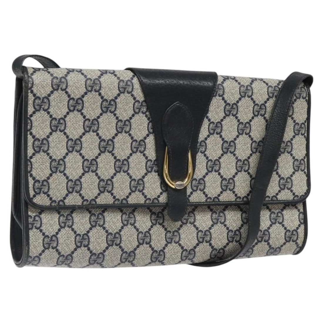 GUCCI GG Supreme PVC Shoulder Bag Navy Gold 904 02 050 Auth: GUCCI GG Supreme PVC Shoulder Bag Navy Gold 904 02 050 Auth This GUCCI GG Supreme Shoulder Bag is crafted from durable PVC leather in a striking navy and gold color combination. The bag features a spa