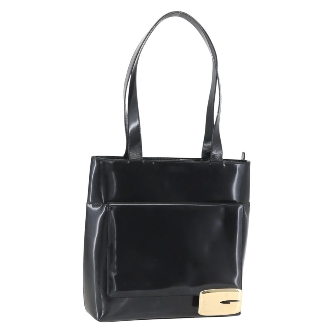 Black and Gold Enamel GUCCI Tote Bag from Italy: Black and Gold Enamel GUCCI Tote Bag from Italy This is a GUCCI tote bag crafted from black and gold enamel. The bag features dual handles and a spacious interior suitable for everyday use. Made in It