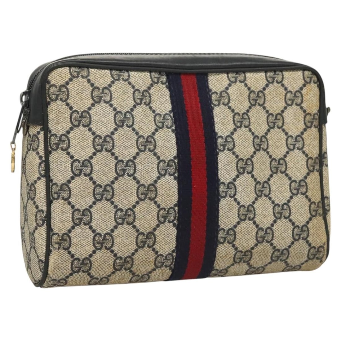 GUCCI GG Supreme Sherry Clutch Bag PVC Navy Gold Auth 98 69 014 3553: GUCCI GG Supreme Sherry Clutch Bag PVC Navy Gold Auth 98 69 014 3553 This GUCCI GG Supreme Sherry Line Clutch Bag is a stylish accessory crafted from PVC leather with a chic navy and gold color scheme