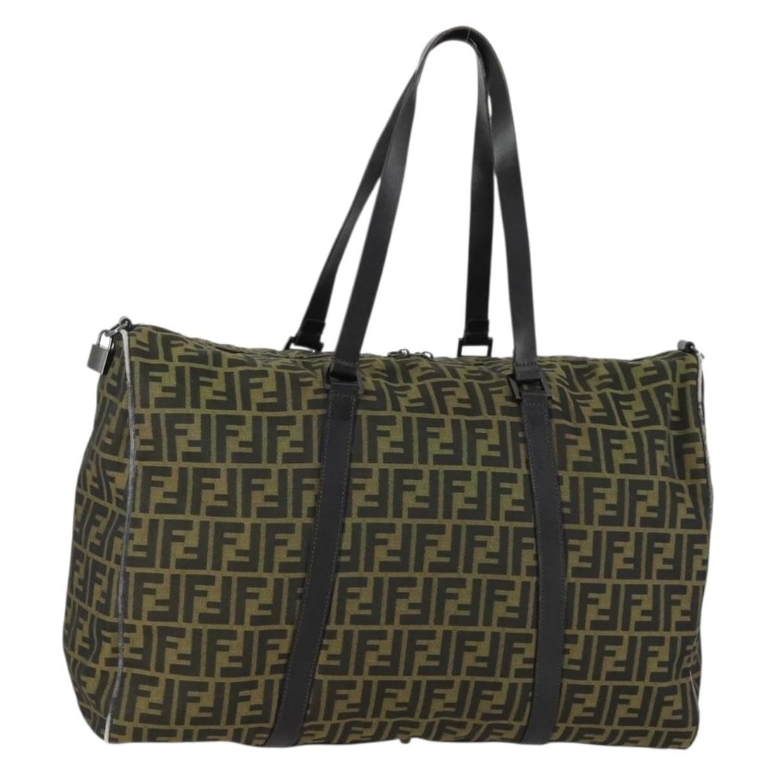 Fendi Boston Bag in Brown and Black Zucca Canvas with Padlock: Fendi Boston Bag in Brown and Black Zucca Canvas with Padlock This FENDI Boston bag features the signature Zucca canvas in brown and black. Crafted in Italy, it includes dual top handles and a spaciou