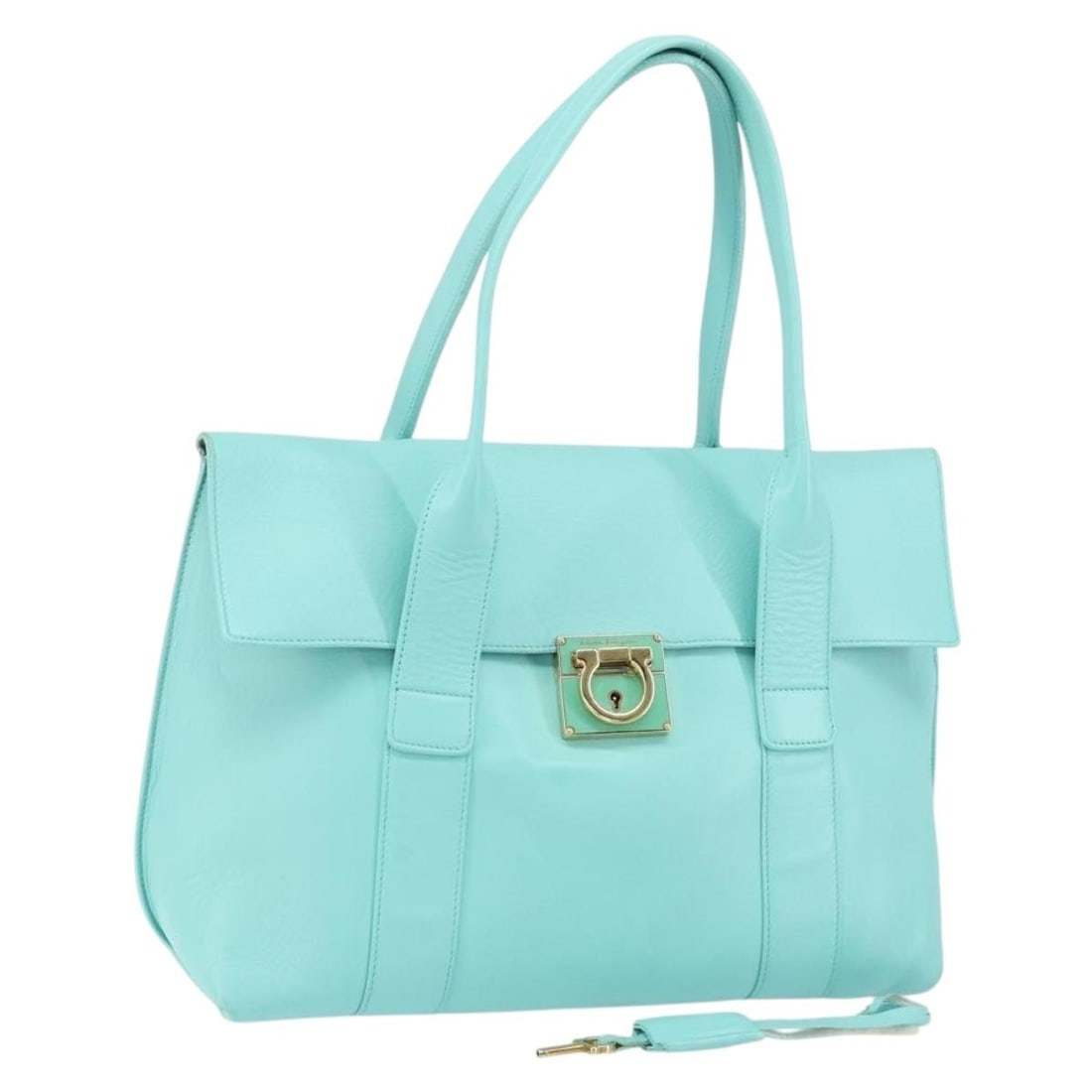 Salvatore Ferragamo Gancini Hand Bag Leather Turquoise Blue Gold Authentic (1 of 18)