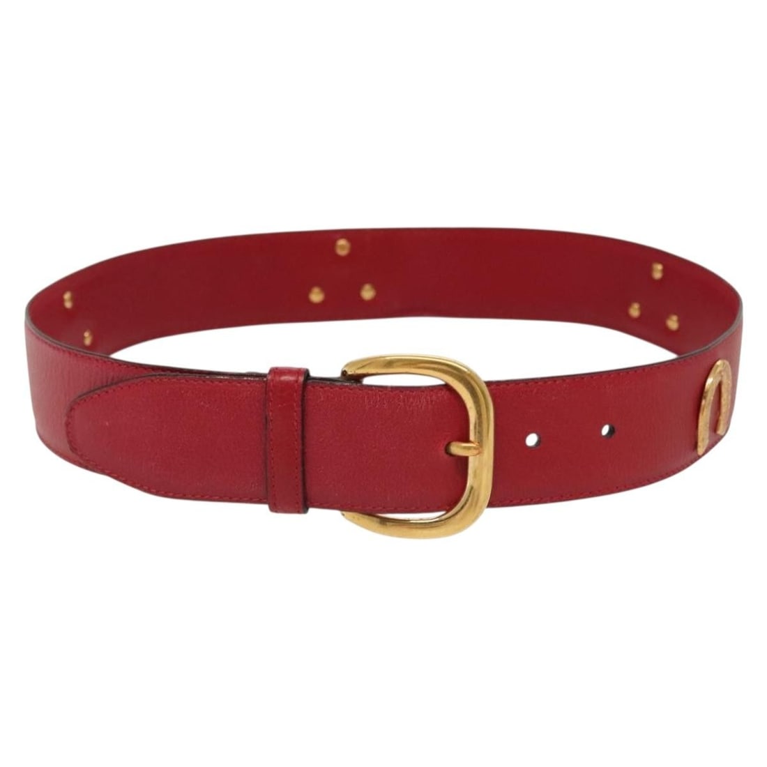 Red leather Gucci 31.5 inch belt with gold tone accents: Red leather Gucci 31.5 inch belt with gold tone accents This Gucci belt features red leather with gold-tone accents. The belt measures approximately 31.5 inches (80 cm) in total length and 1.6 inches