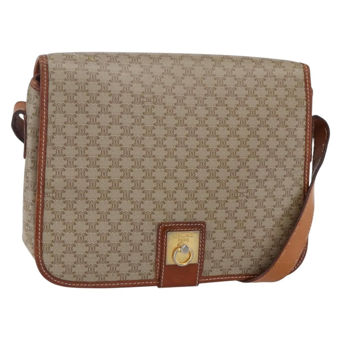 CELINE Macadam Beige Gold PVC Shoulder Bag Italy Auth: CELINE Macadam Beige Gold PVC Shoulder Bag Italy Auth Introducing the CELINE Macadam Canvas Shoulder Bag, a stylish and functional accessory crafted from durable PVC leather with a chic beige and gold