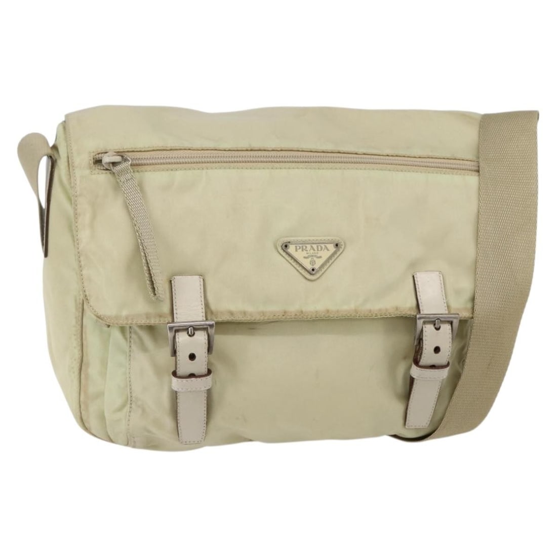 PRADA Nylon Shoulder Bag Beige Silver Made in Italy: PRADA Nylon Shoulder Bag Beige Silver Made in Italy This authentic PRADA shoulder bag is crafted from durable nylon in a sophisticated beige and silver color scheme. Designed for both style and functi