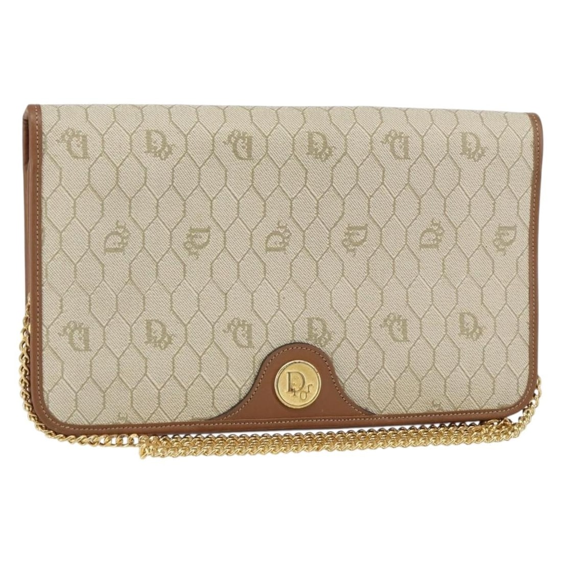 Dior Beige Honeycomb PVC Leather Chain Shoulder Bag Gold Tone France: Dior Beige Honeycomb PVC Leather Chain Shoulder Bag Gold Tone France This Christian Dior shoulder bag features the iconic honeycomb canvas in beige and gold tones, complemented by PVC leather accents.