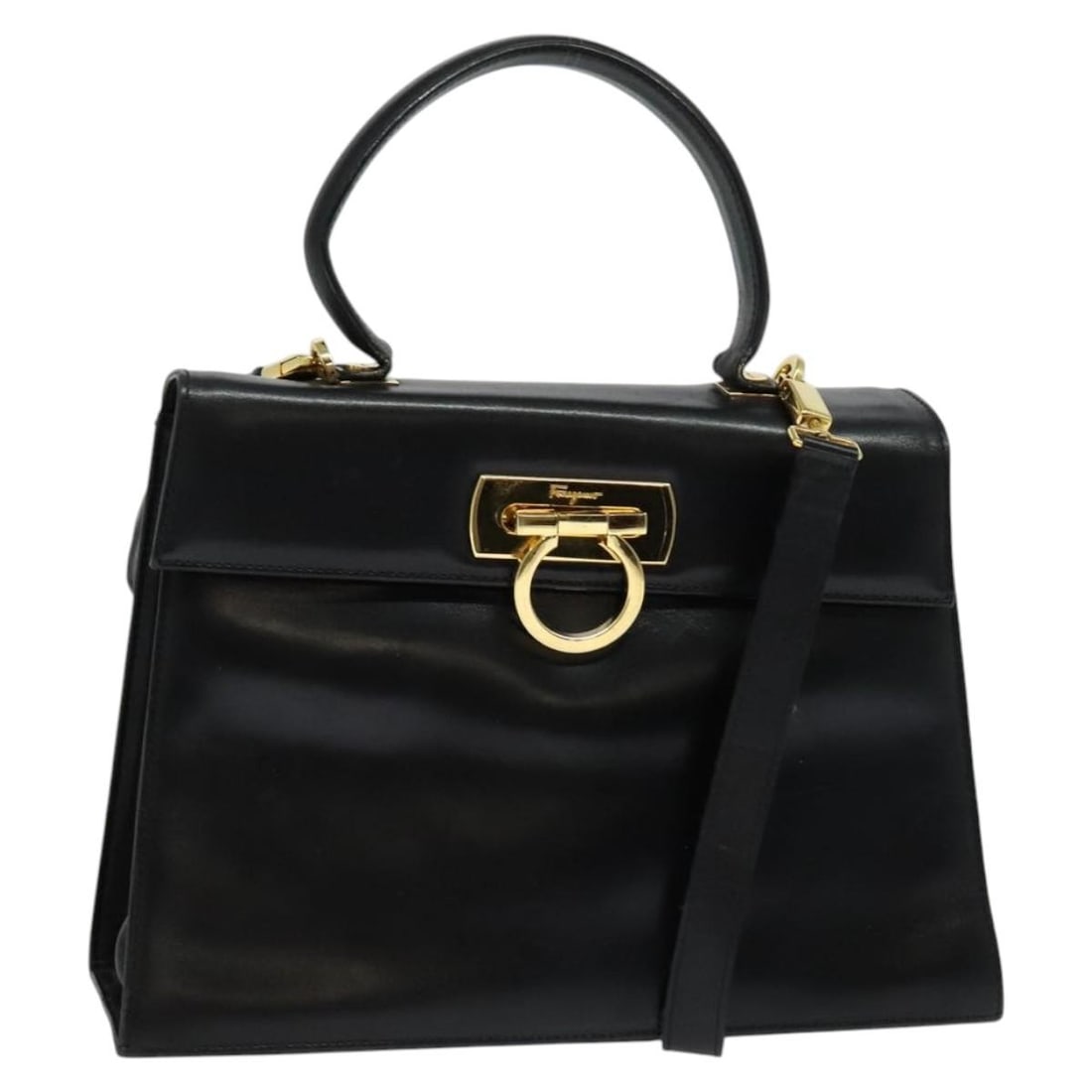 Salvatore Ferragamo Gancini Black Leather Hand Bag 2-Way Gold Accents Auth (1 of 18)