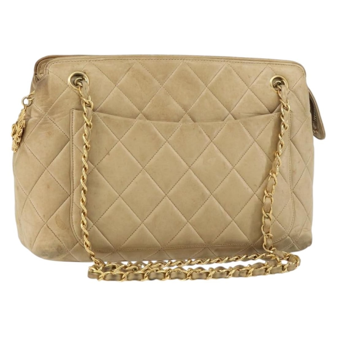 Chanel Beige Leather Matelasse Shoulder Bag with Chain and Gold CC: Chanel Beige Leather Matelasse Shoulder Bag with Chain and Gold CC This CHANEL Matelasse chain shoulder bag features a classic beige leather exterior with gold-tone accents and the iconic CC logo. Cra