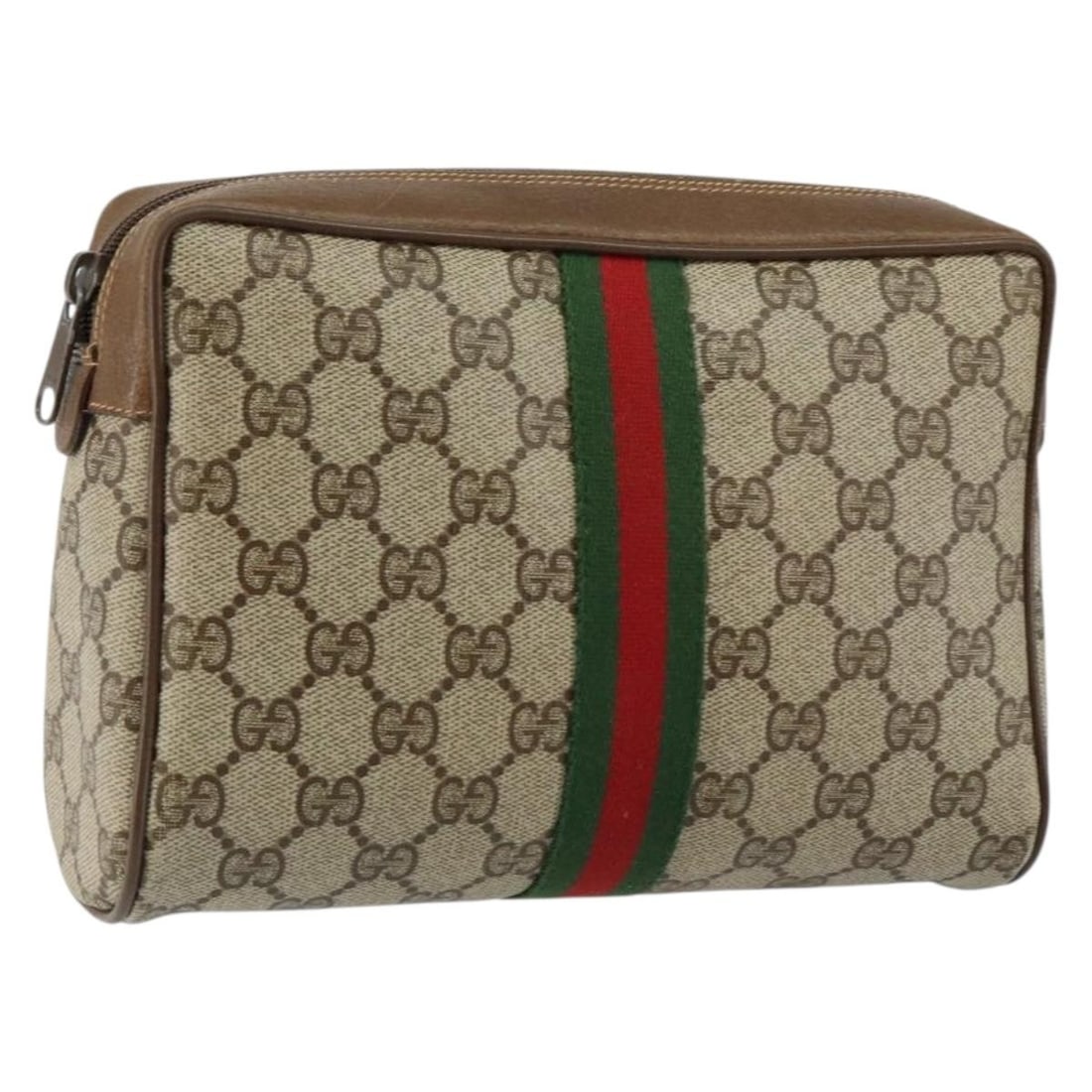 GUCCI GG Canvas Web Sherry Line Beige Green Clutch Bag PVC Leather Italy: GUCCI GG Canvas Web Sherry Line Beige Green Clutch Bag PVC Leather Italy This GUCCI GG Canvas Web Sherry Line Clutch Bag is a stylish accessory crafted from durable PVC leather in a chic color combina