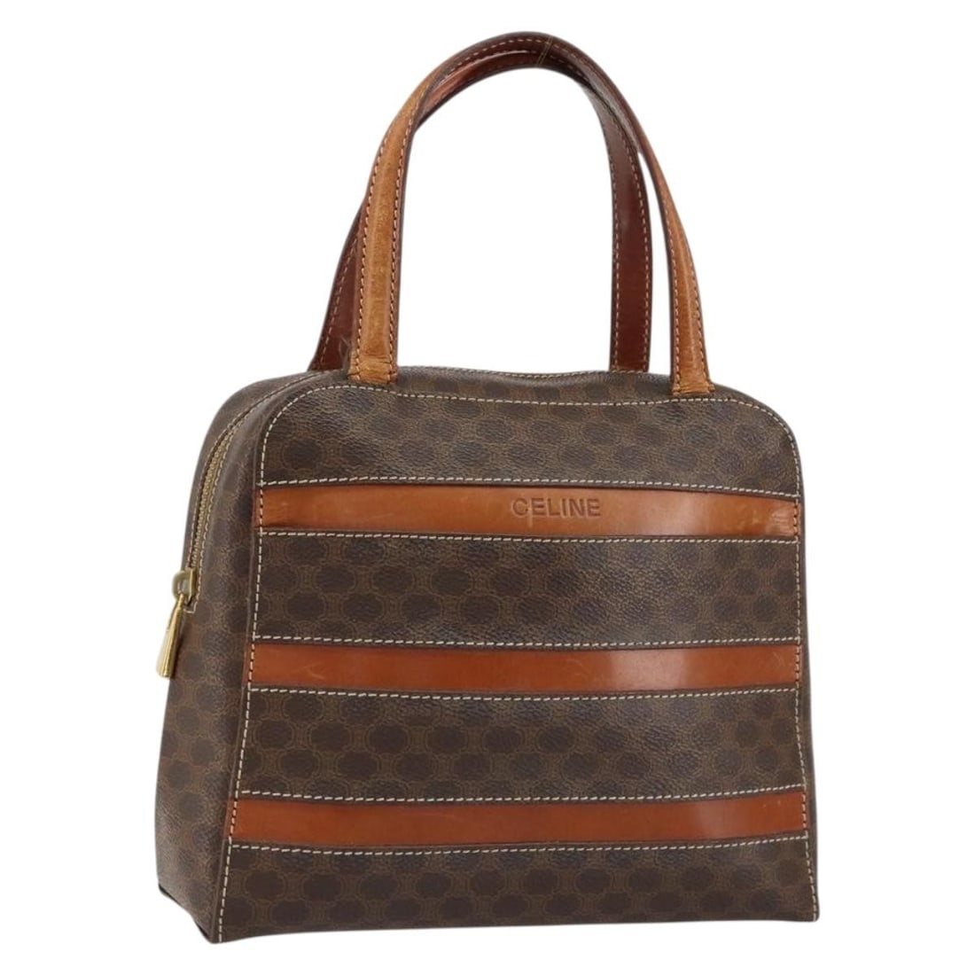 CELINE Macadam Canvas Hand Bag Brown Gold Italy Auth 152033: CELINE Macadam Canvas Hand Bag Brown Gold Italy Auth 152033 This CELINE Macadam Canvas Hand Bag is a luxurious accessory crafted in Italy, featuring a stylish combination of brown and gold colors. The