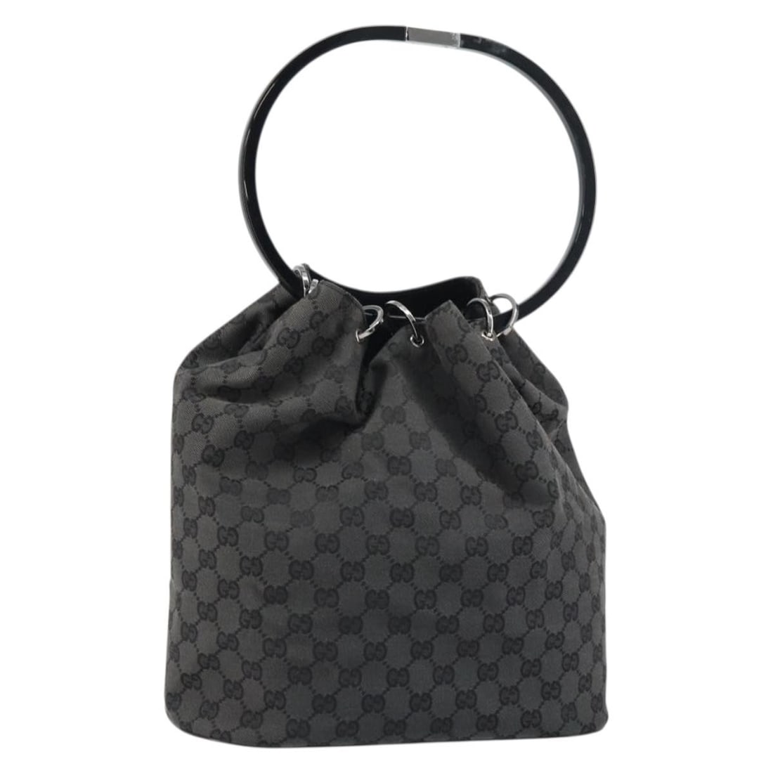 Black GG Canvas Shoulder Bag by Gucci Silver Accents Italy: Black GG Canvas Shoulder Bag by Gucci Silver Accents Italy This authentic Gucci GG Canvas shoulder bag features a black and silver color scheme with GG canvas exterior material. The bag is heavily use
