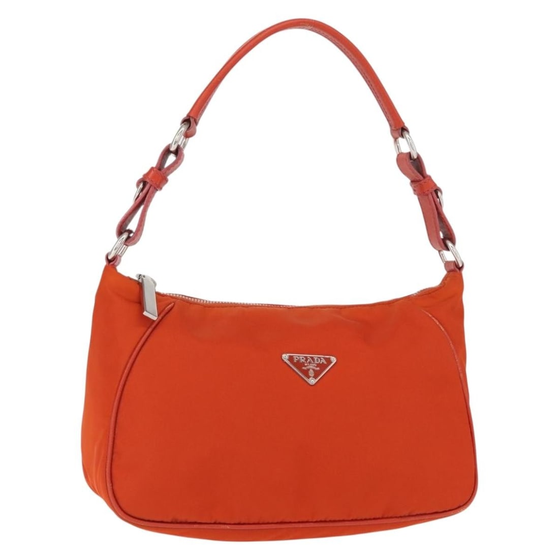 PRADA Orange Silver Nylon Shoulder Bag Italy Auth 152734: PRADA Orange Silver Nylon Shoulder Bag Italy Auth 152734 This PRADA shoulder bag is a stylish accessory crafted from durable nylon in a vibrant orange and silver color combination. Designed for practi