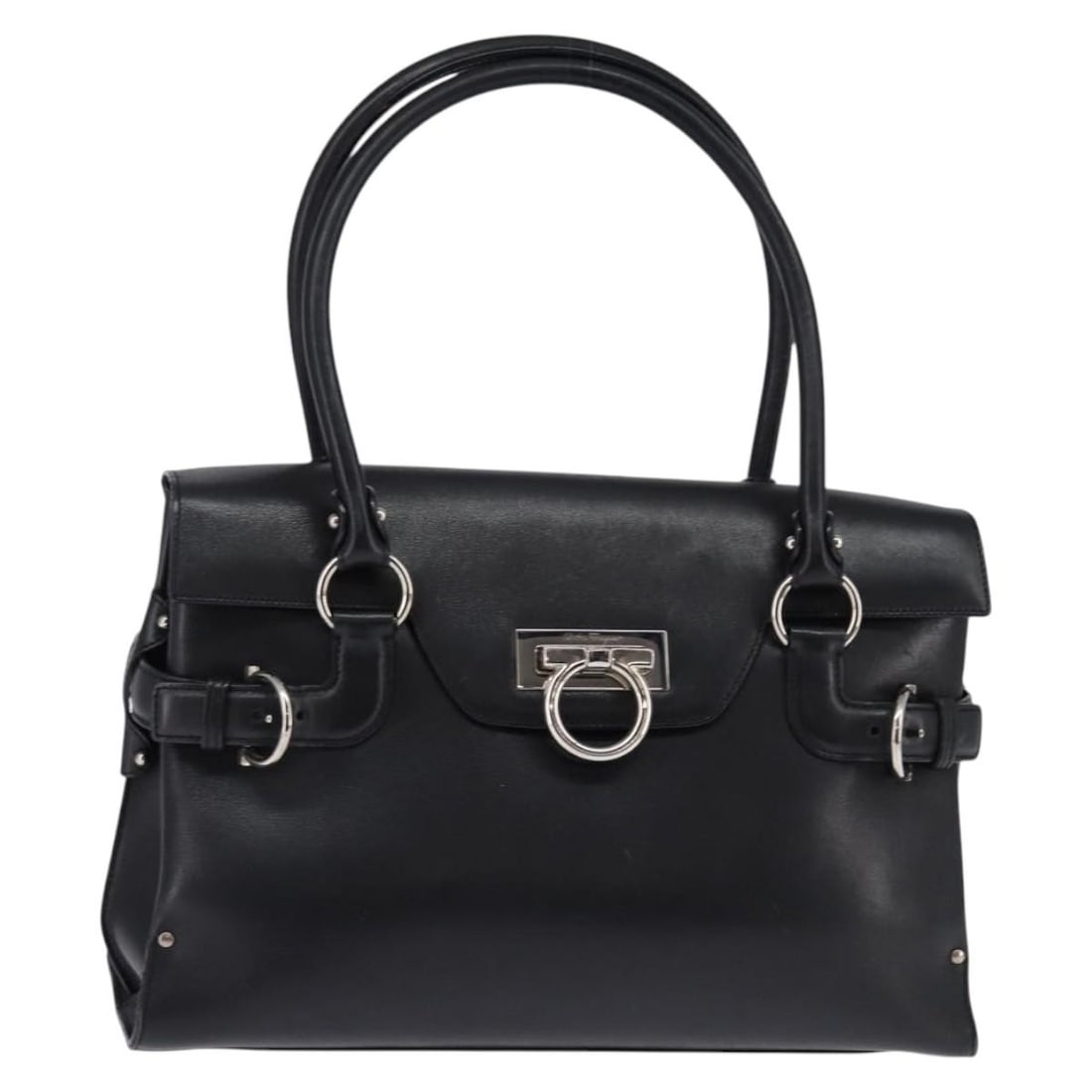 Salvatore Ferragamo Gancini Hand Bag Leather Black Silver Auth DY-21 4402: Salvatore Ferragamo Gancini Hand Bag Leather Black Silver Auth DY-21 4402 This stylish Salvatore Ferragamo Gancini Hand Bag showcases a sophisticated design crafted from high-quality black leather wit