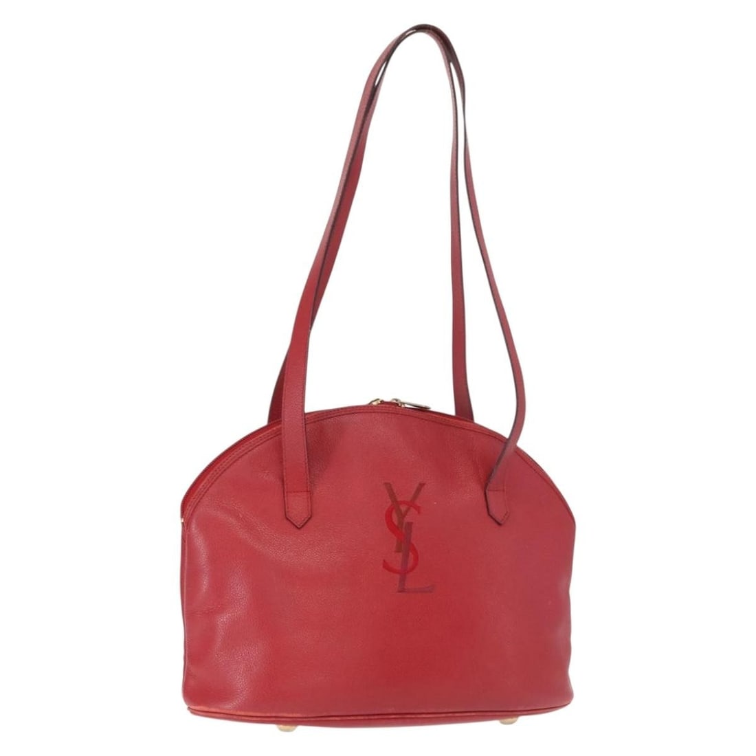Red Leather Shoulder Bag by Saint Laurent with Gold Accents: Red Leather Shoulder Bag by Saint Laurent with Gold Accents This SAINT LAURENT shoulder bag is crafted from red leather with gold-tone accents. Made in France, it features a classic shoulder bag silho