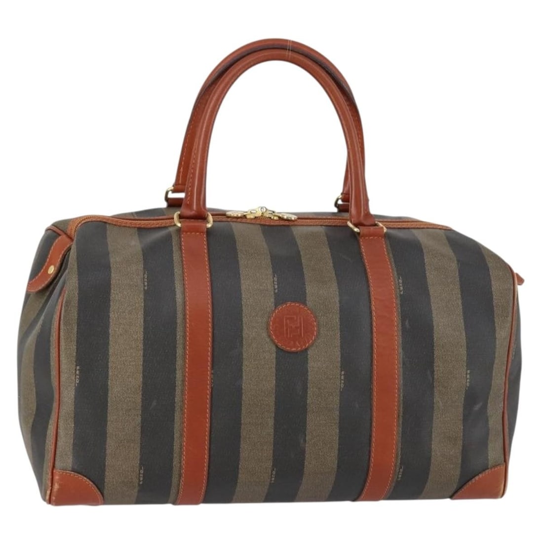 FENDI Pecan Canvas Boston Bag PVC Black Brown Gold Italy: FENDI Pecan Canvas Boston Bag PVC Black Brown Gold Italy This Fendi Boston Bag showcases a sophisticated design crafted from durable PVC leather and Pequin canvas. It features a stylish black, brown,