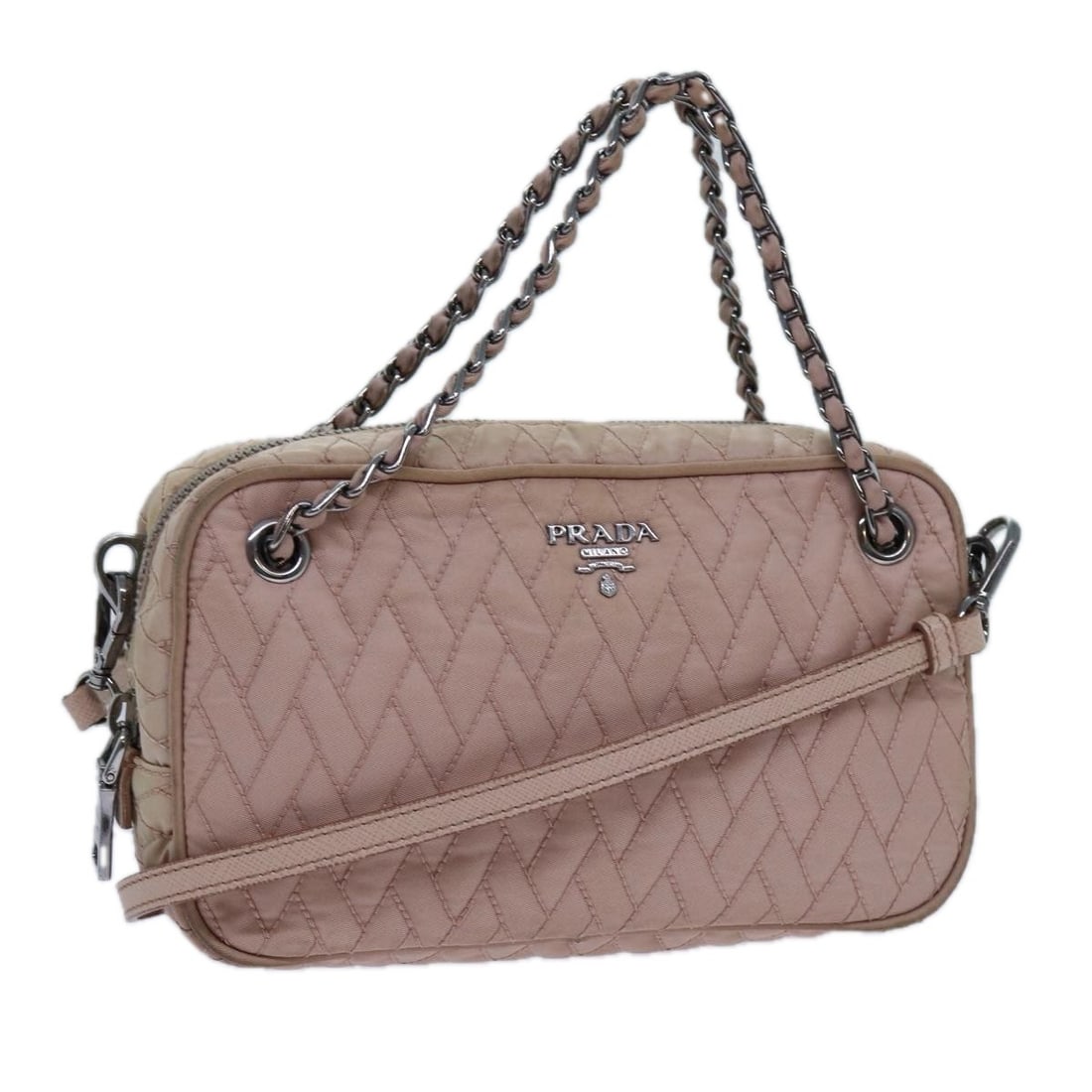PRADA Pink Quilted Nylon 2way Hand Bag with Shoulder Strap: PRADA Pink Quilted Nylon 2way Hand Bag with Shoulder Strap This authentic PRADA Quilted Hand Bag is crafted from durable nylon in a charming pink hue. Designed for versatility, it features a double st