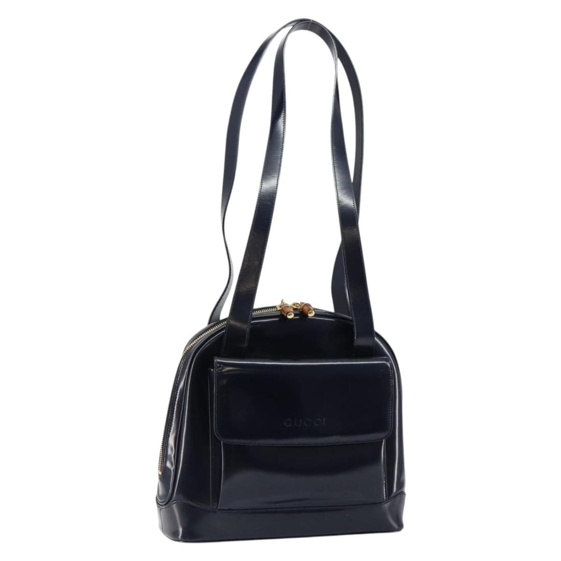 GUCCI Bamboo Shoulder Bag Patent Leather Navy Gold 001 2113 1650 Authentic: GUCCI Bamboo Shoulder Bag Patent Leather Navy Gold 001 2113 1650 Authentic This authentic GUCCI Bamboo Shoulder Bag is crafted from high-quality patent leather in an elegant navy and gold color scheme