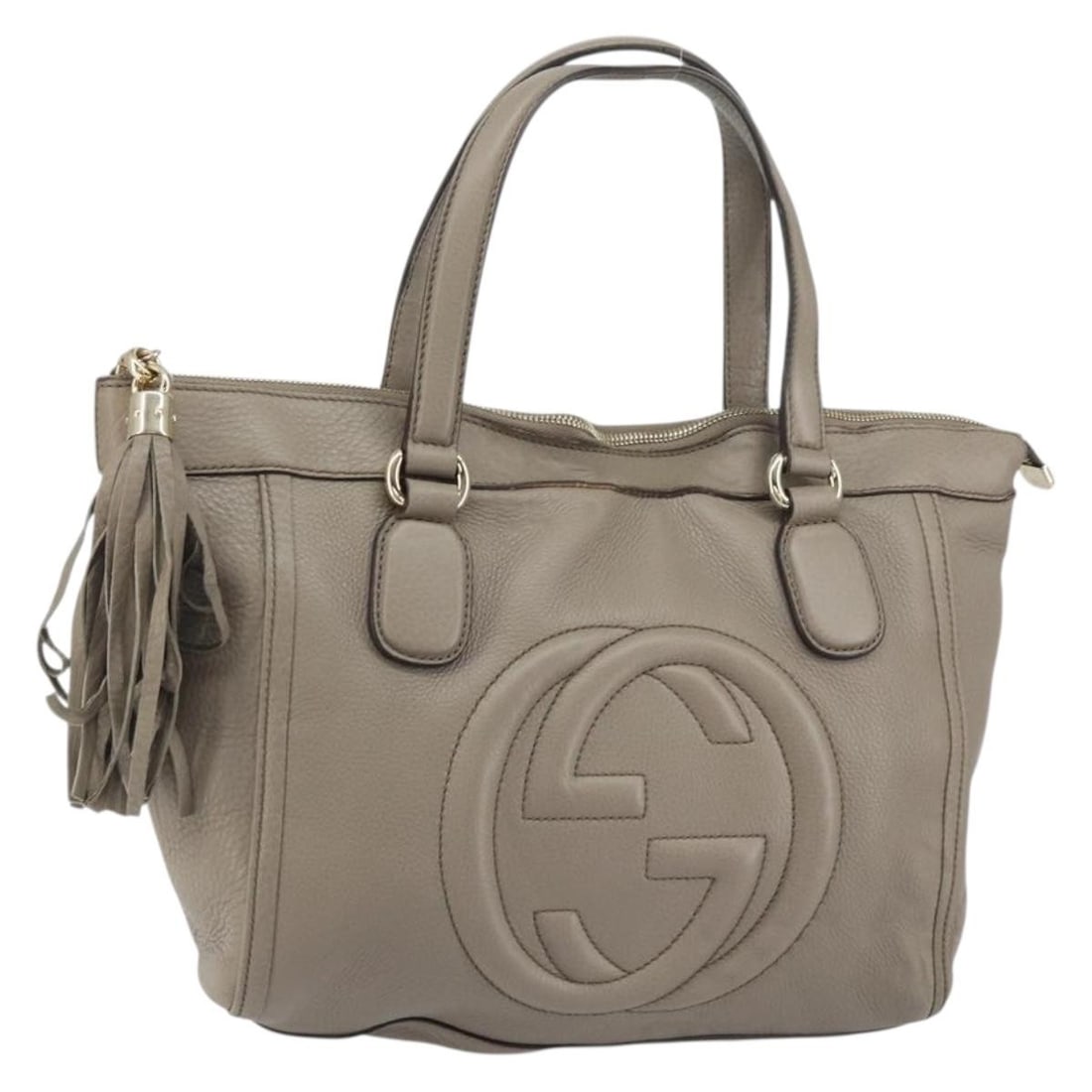 GUCCI Soho Leather Hand Bag Gray Gold 282307 Authentic: GUCCI Soho Leather Hand Bag Gray Gold 282307 Authentic This authentic GUCCI Soho Hand Bag combines luxury and practicality with its sophisticated gray and gold color palette. Crafted in Italy from hig