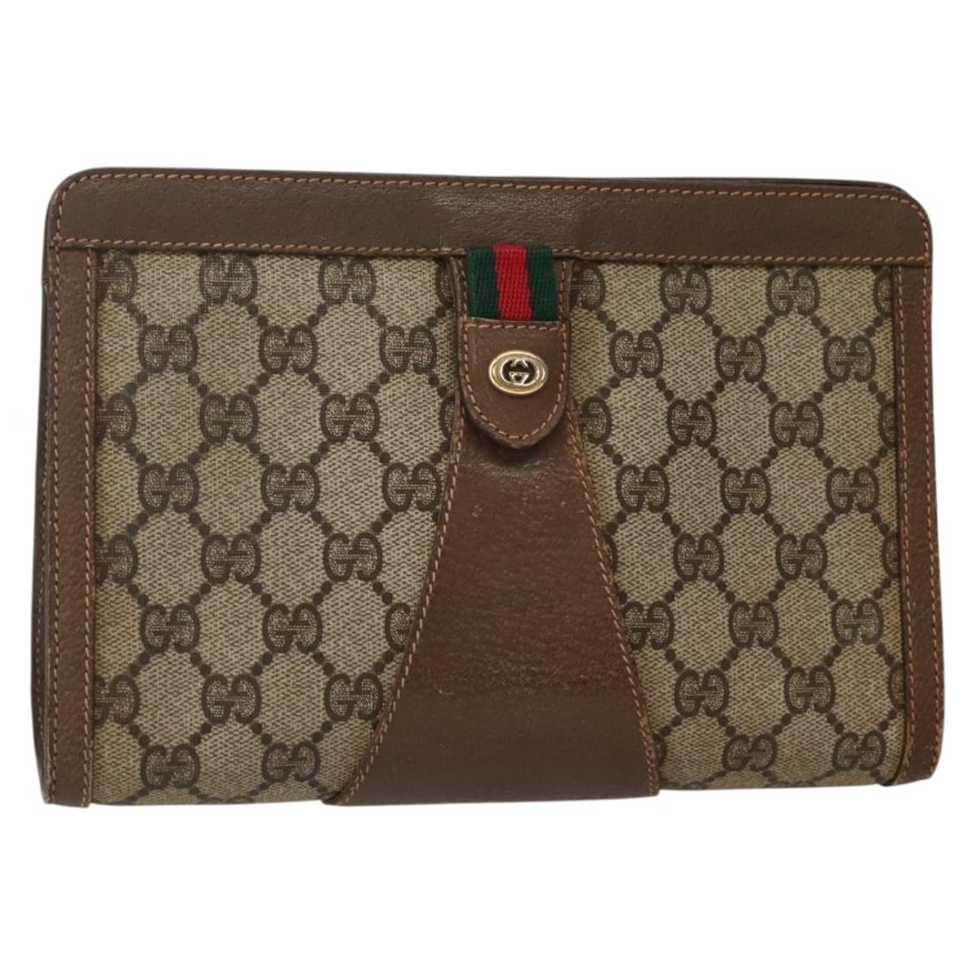GUCCI GG Supreme Web Sherry Clutch Bag PVC Beige Gold Auth 89 01 032: GUCCI GG Supreme Web Sherry Clutch Bag PVC Beige Gold Auth 89 01 032 Introducing the GUCCI GG Supreme Web Sherry Line Clutch Bag, a stylish accessory that epitomizes luxury and sophistication. Crafted