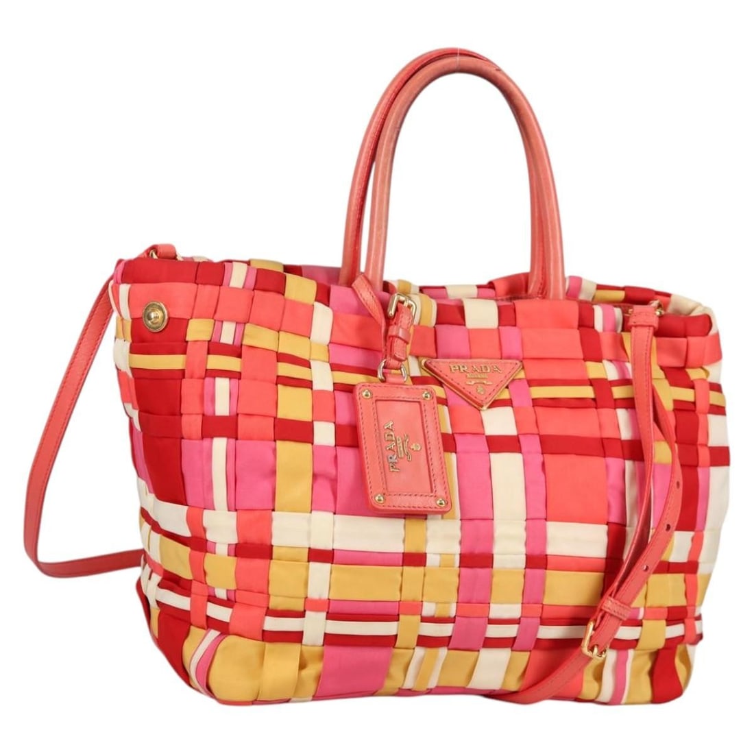 PRADA Multicolor Gold Nylon 2-Way Hand Bag Made in Italy: PRADA Multicolor Gold Nylon 2-Way Hand Bag Made in Italy This PRADA hand bag combines style and functionality with its vibrant multicolor nylon exterior accented by gold details. Designed as a versati