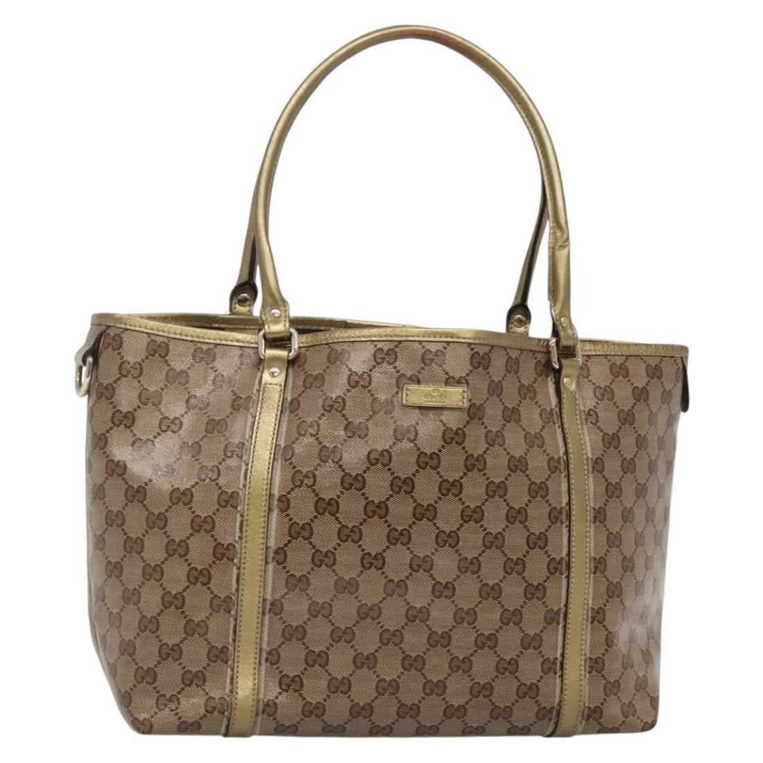GUCCI GG Crystal Tote Bag Coated Canvas Beige Gold 197953 Made in Italy: GUCCI GG Crystal Tote Bag Coated Canvas Beige Gold 197953 Made in Italy This GUCCI GG Crystal Tote Bag is a stylish accessory crafted from durable coated canvas in a sophisticated beige and gold color