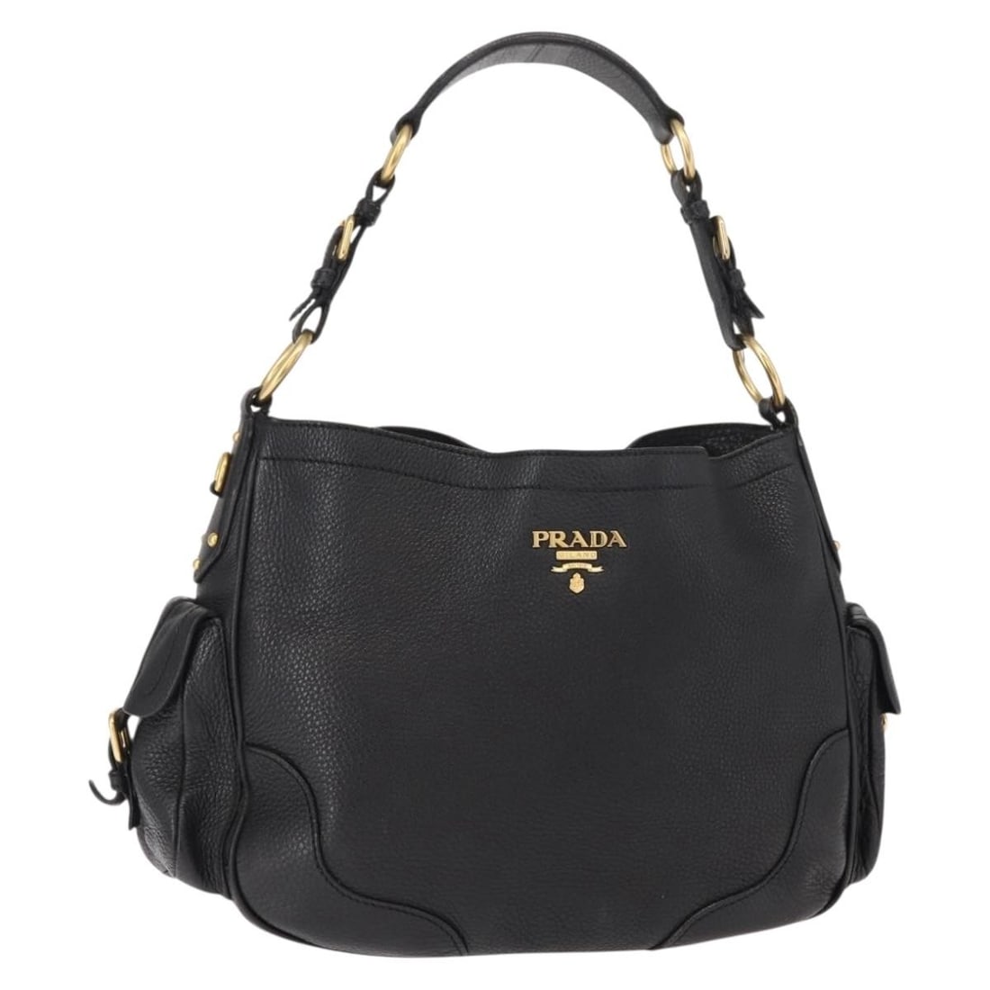 PRADA Black Leather Shoulder Bag with Gold Accents Auth 149362 (1 of 18)