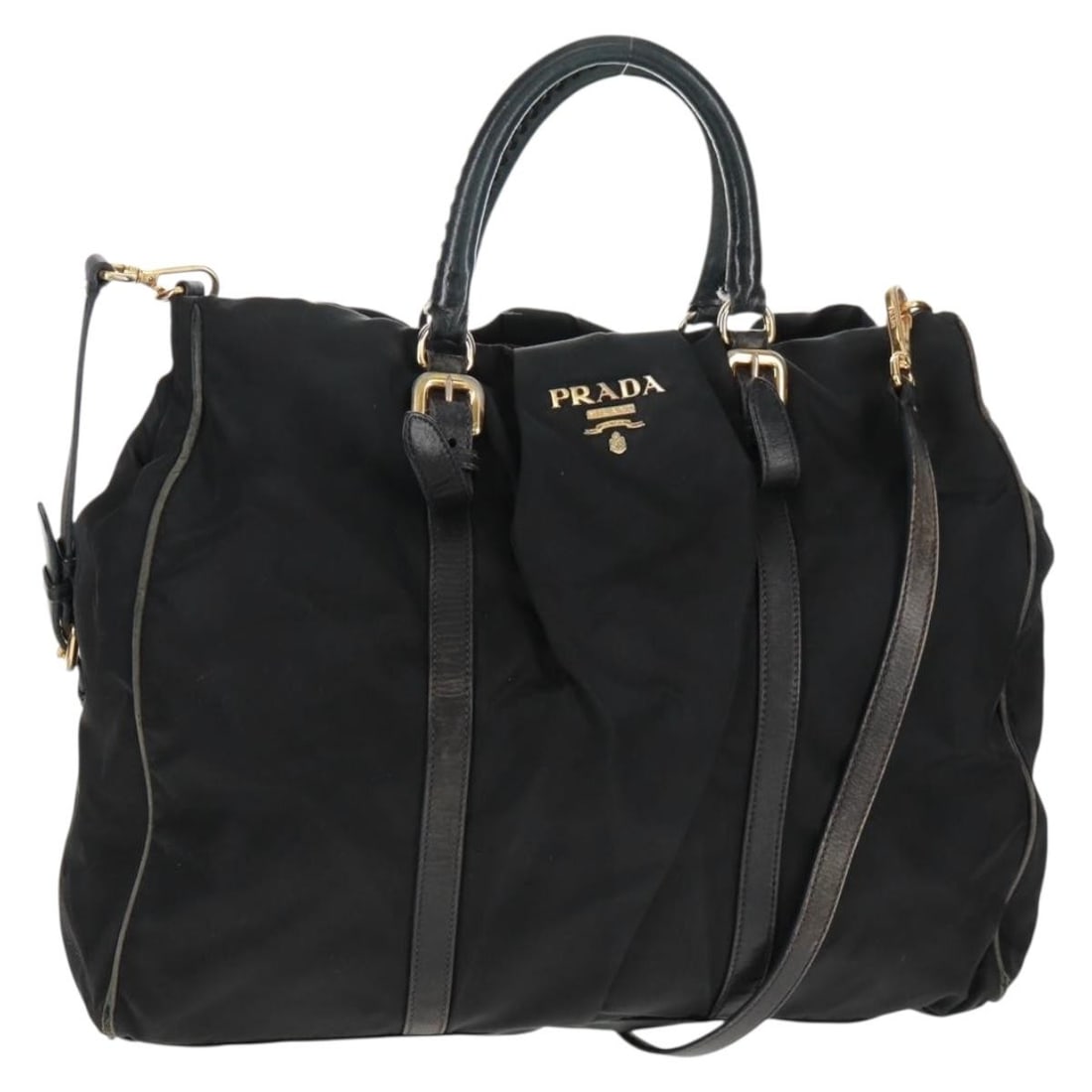 Prada Black Nylon Convertible Handbag with Gold Accents and Shoulder Strap (1 of 18)