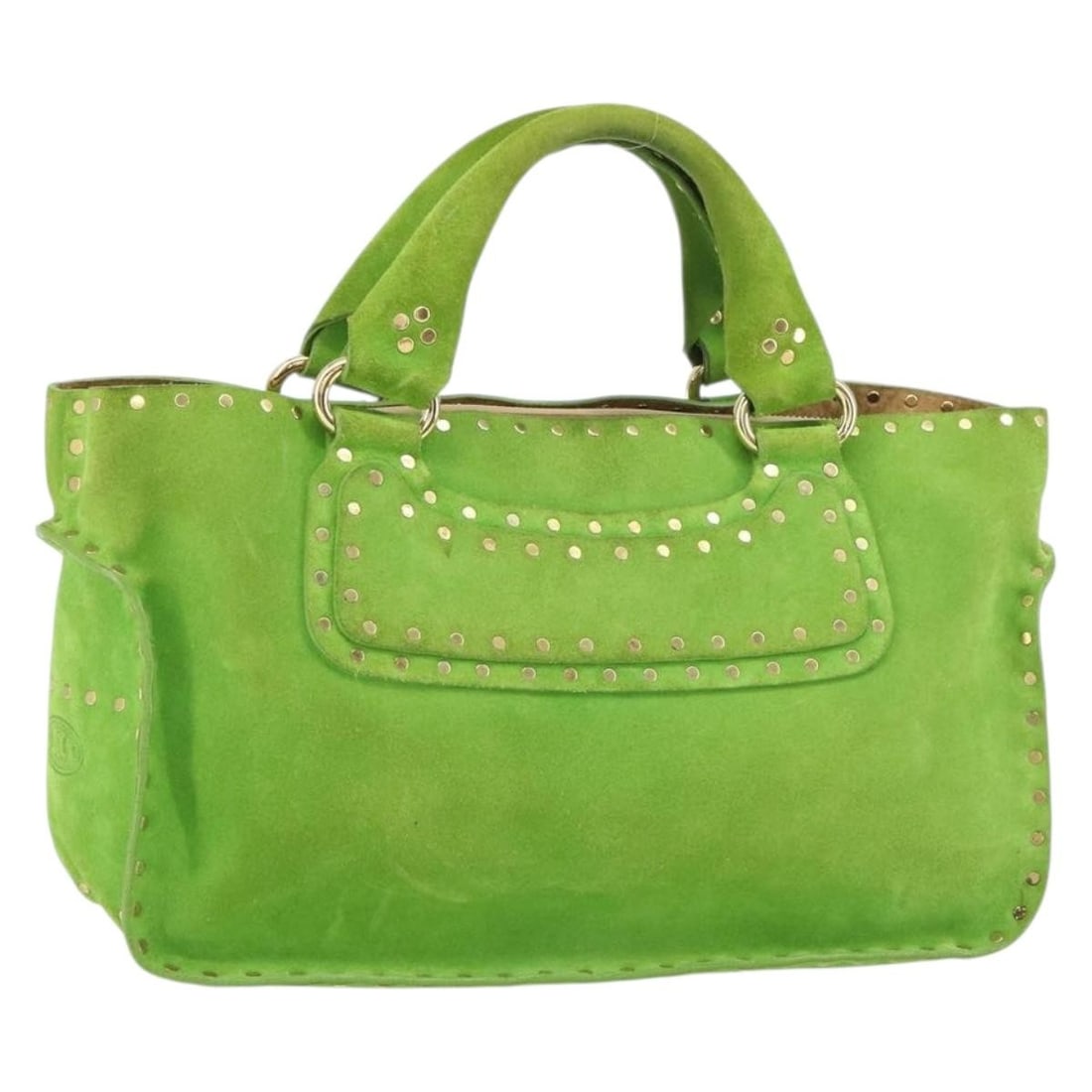 Celine Boogie Suede Handbag in Gold and Light Green Made in Italy: Celine Boogie Suede Handbag in Gold and Light Green Made in Italy This is a CELINE Boogie Bag in gold and light green suede. Made in Italy, this handbag features a structured silhouette with dual top