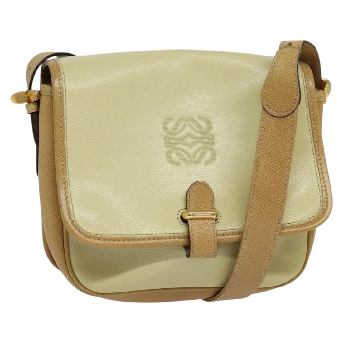 Loewe Anagram beige and brown leather shoulder bag gold accents: Loewe Anagram beige and brown leather shoulder bag gold accents This LOEWE Anagram shoulder bag features a beige and brown leather exterior with gold-tone accents. The bag has a classic shoulder style