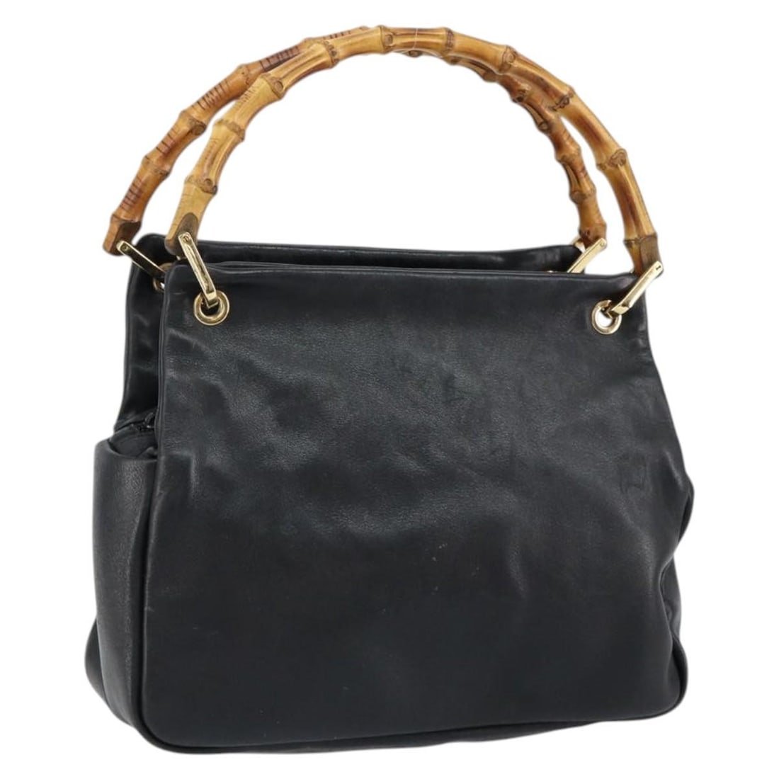 GUCCI Bamboo Hand Bag Leather Black Gold 000 1014 0575 Authentic: GUCCI Bamboo Hand Bag Leather Black Gold 000 1014 0575 Authentic This GUCCI Bamboo Hand Bag showcases a classic design crafted from premium black leather with gold accents. The bag measures approximat