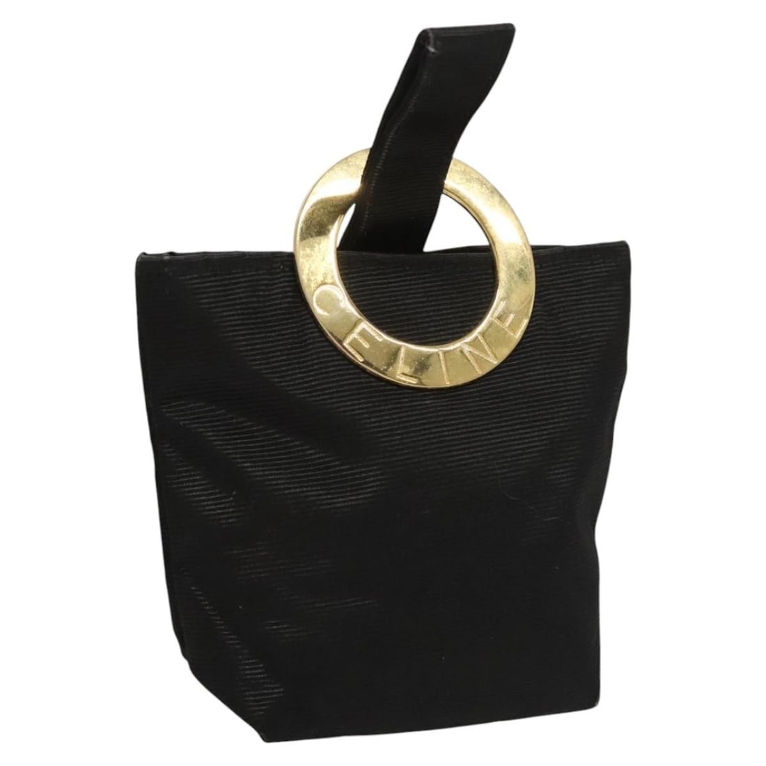 CELINE Black Gold Nylon Circle Pouch Authentic KD376: CELINE Black Gold Nylon Circle Pouch Authentic KD376 This authentic CELINE Circle Pouch is a stylish accessory made from durable nylon in a sophisticated black and gold color scheme. Measuring approxi