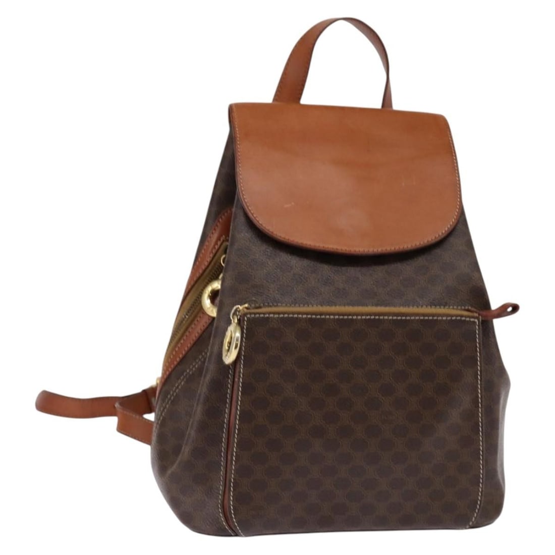 CELINE Brown Gold PVC Leather Macadam Canvas Backpack Auth 141097: CELINE Brown Gold PVC Leather Macadam Canvas Backpack Auth 141097 The CELINE Macadam Canvas Backpack is a stylish and functional accessory crafted from durable PVC leather and Macadam canvas. With a c