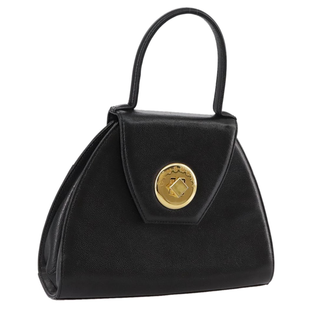 GIVENCHY Black Leather Handbag with Gold Accents: GIVENCHY Black Leather Handbag with Gold Accents This GIVENCHY hand bag is a sophisticated blend of style and functionality, crafted from premium leather in a striking black and gold color scheme. The