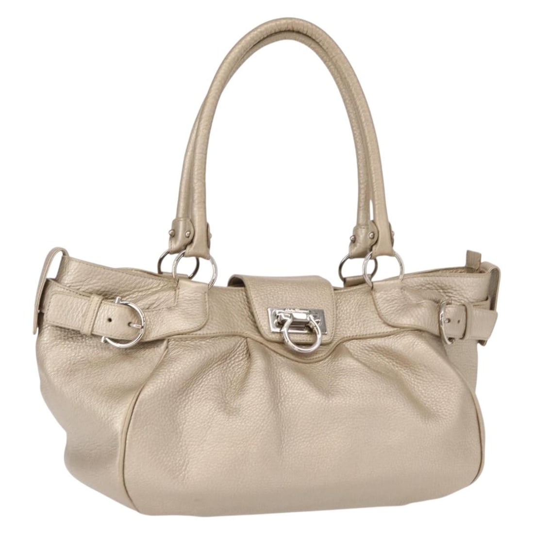 Ferragamo Gancini Leather Champagne Gold Silver Handbag Italy: Ferragamo Gancini Leather Champagne Gold Silver Handbag Italy This Salvatore Ferragamo Gancini handbag is crafted from leather in a sophisticated champagne gold and silver color combination. Made in I
