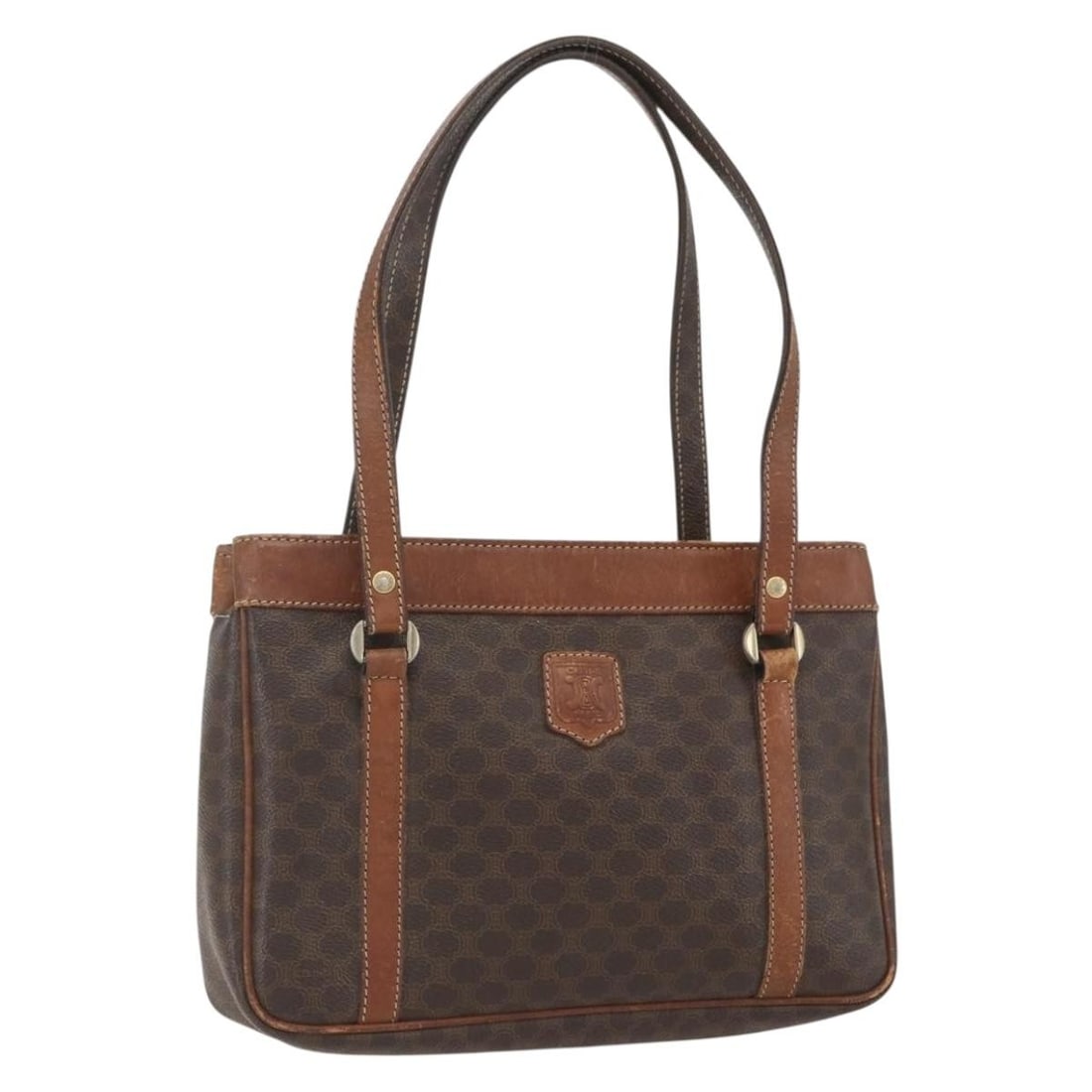 CELINE Macadam Brown PVC Leather Tote Bag Gold Accents Italy: CELINE Macadam Brown PVC Leather Tote Bag Gold Accents Italy This Celine Macadam canvas tote bag features brown and gold PVC leather and Macadam canvas exterior. The bag includes a handle drop of appr
