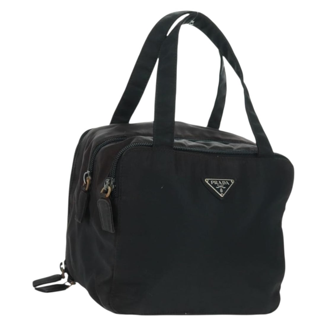 Black Nylon Prada Handbag with Silver Tone Accents Made in Italy: Black Nylon Prada Handbag with Silver Tone Accents Made in Italy This PRADA hand bag is crafted from black nylon with silver-tone accents. Made in Italy, it features a compact design with a top handle