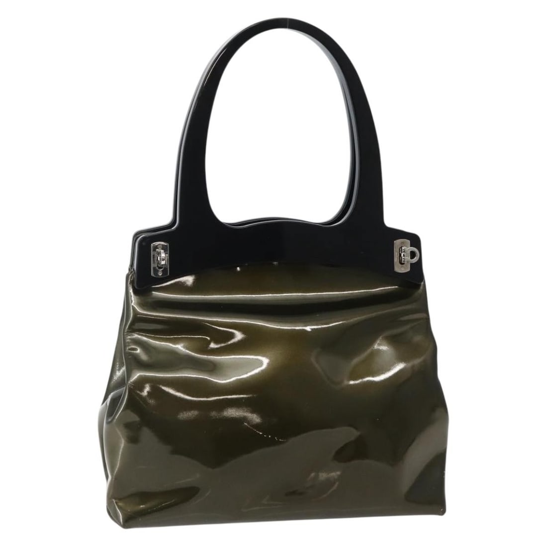 Salvatore Ferragamo Gancini Tote Bag Silver Olive Green Patent Leather Italy: Salvatore Ferragamo Gancini Tote Bag Silver Olive Green Patent Leather Italy This Salvatore Ferragamo Gancini Tote Bag is crafted from high-quality patent leather, featuring a striking silver and oliv