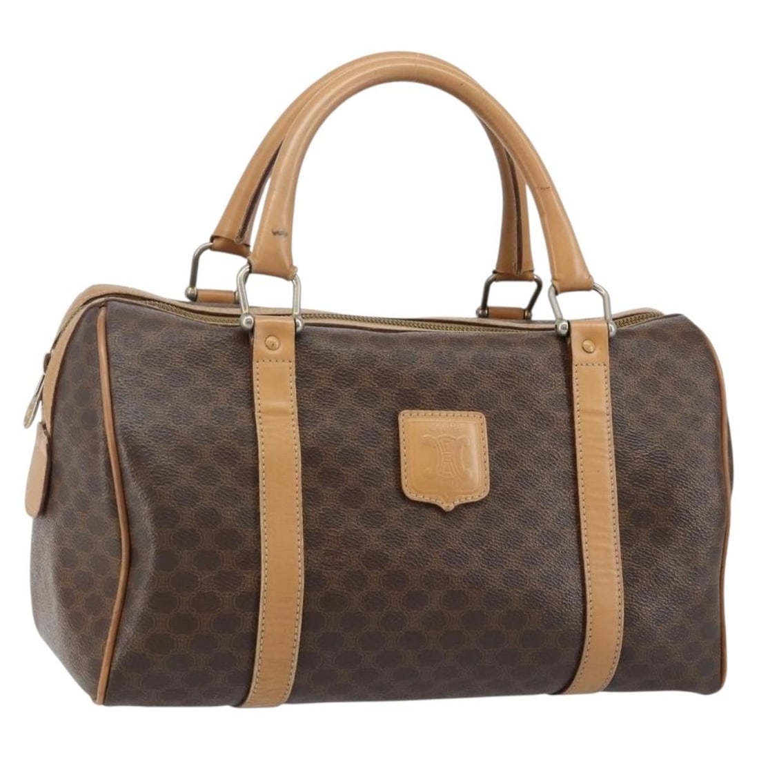 CELINE Macadam Canvas Hand Bag Brown Gold PVC Leather Italy: CELINE Macadam Canvas Hand Bag Brown Gold PVC Leather Italy This authentic CELINE Macadam Canvas Hand Bag is a stylish accessory, crafted in Italy from durable PVC leather and adorned with a chic brow